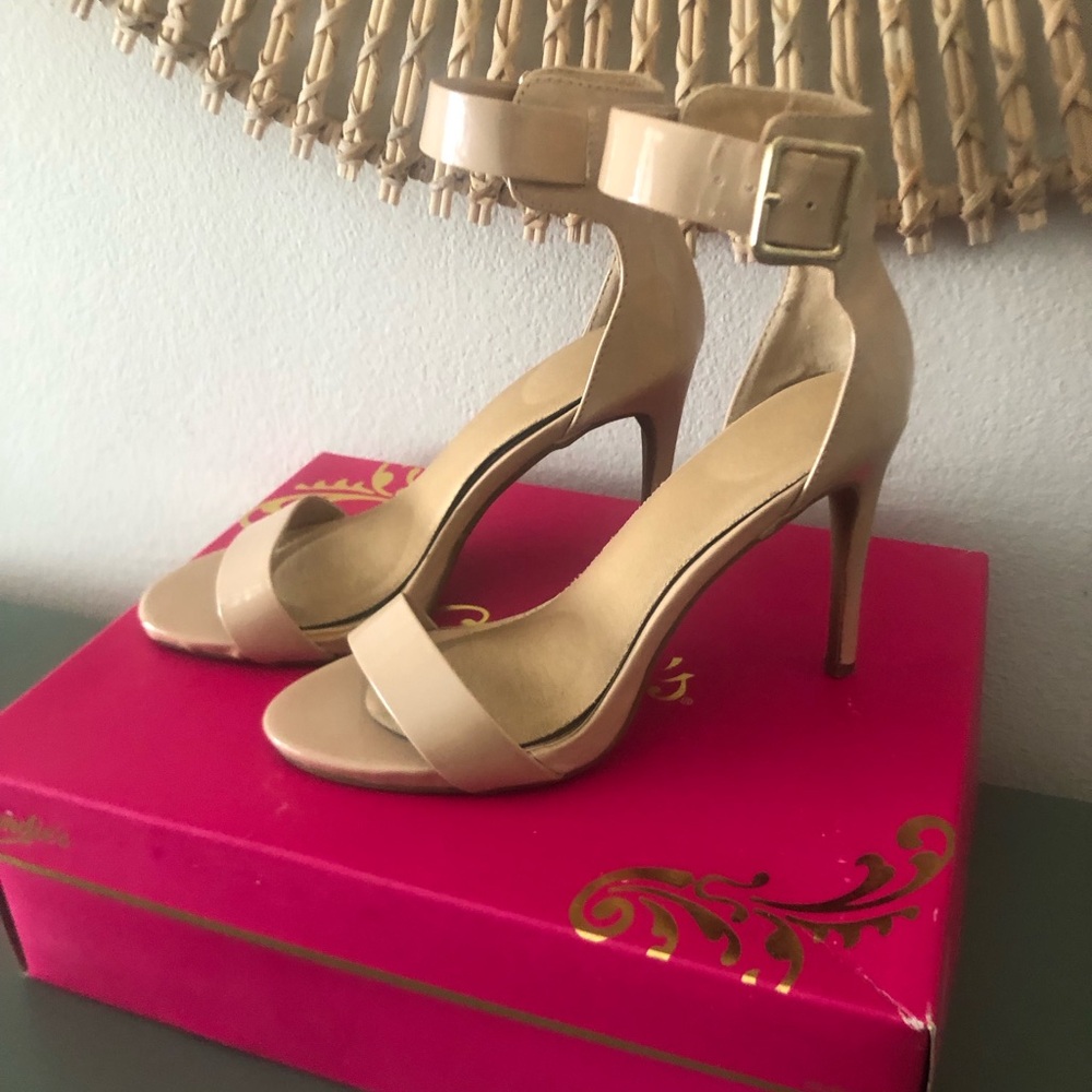 Candies tan patent  ankle strap stiletto